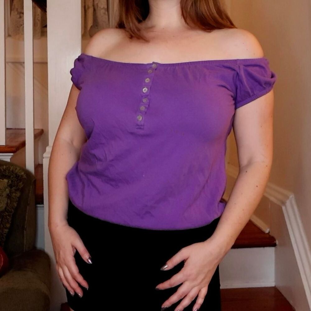 Charlotte Russe Purple Cotton Short Sleeve Sz Medium Y2K Off Shoulder Boatneck